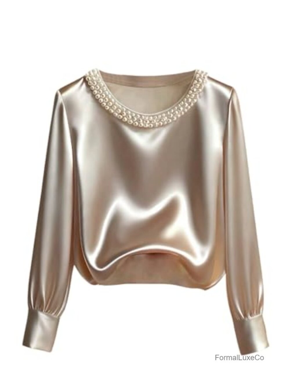 Satin Pearl Long Sleeve Crewneck Blouse Dressy Office Top